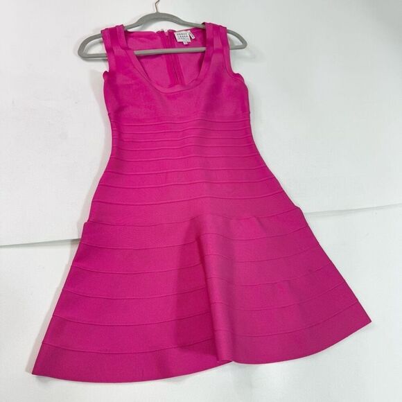Herve Leger Dress Womens Large Hot Pink Fit and Flare Bandage Barbiecore Scoop - Picture 1 of 10